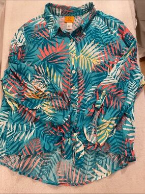 Ruby Rd. Teal Coral Pink Palm-Print Rayon Blouse